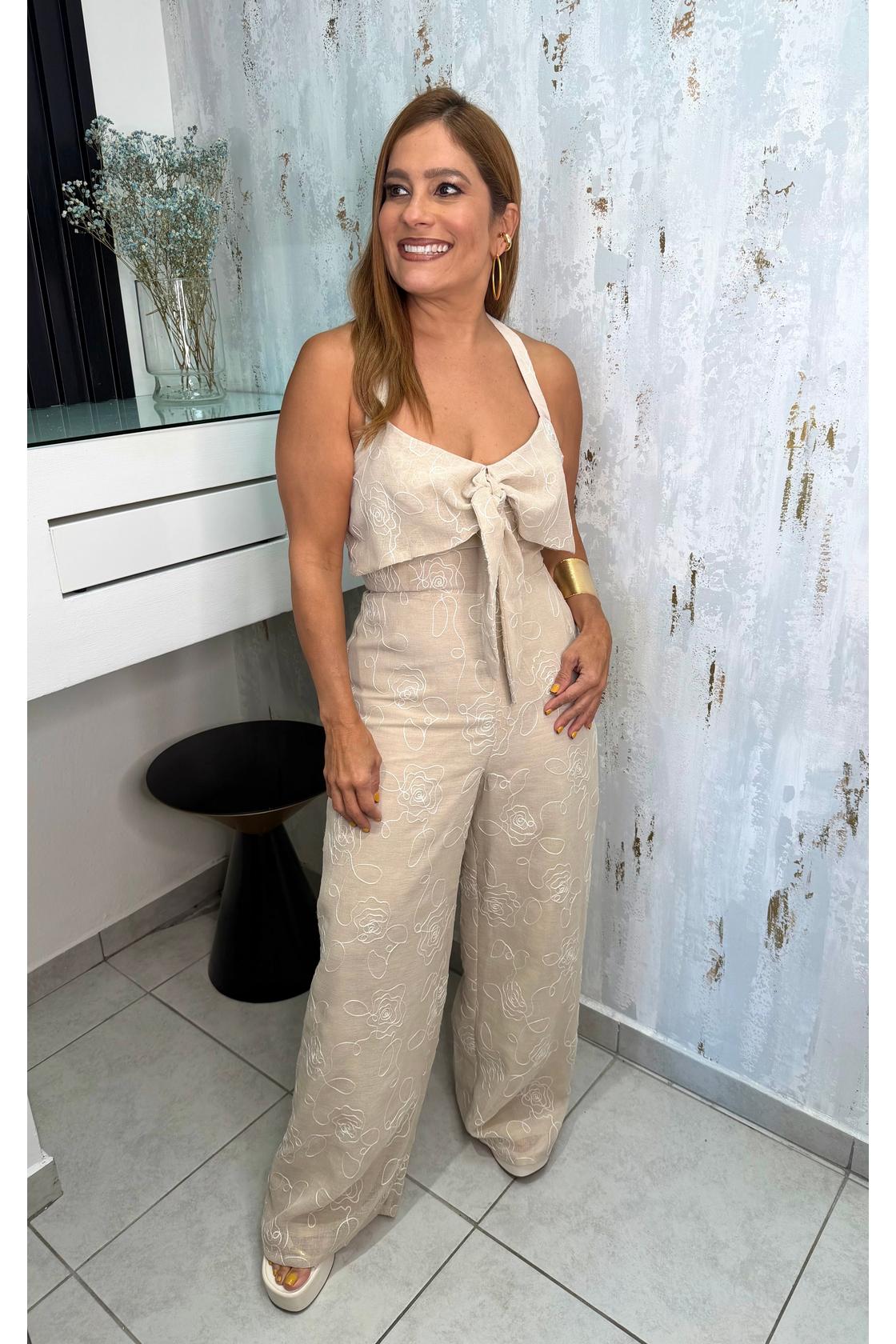 Embroidered Linen Halter Neck Tie Front Detail Jumpsuit